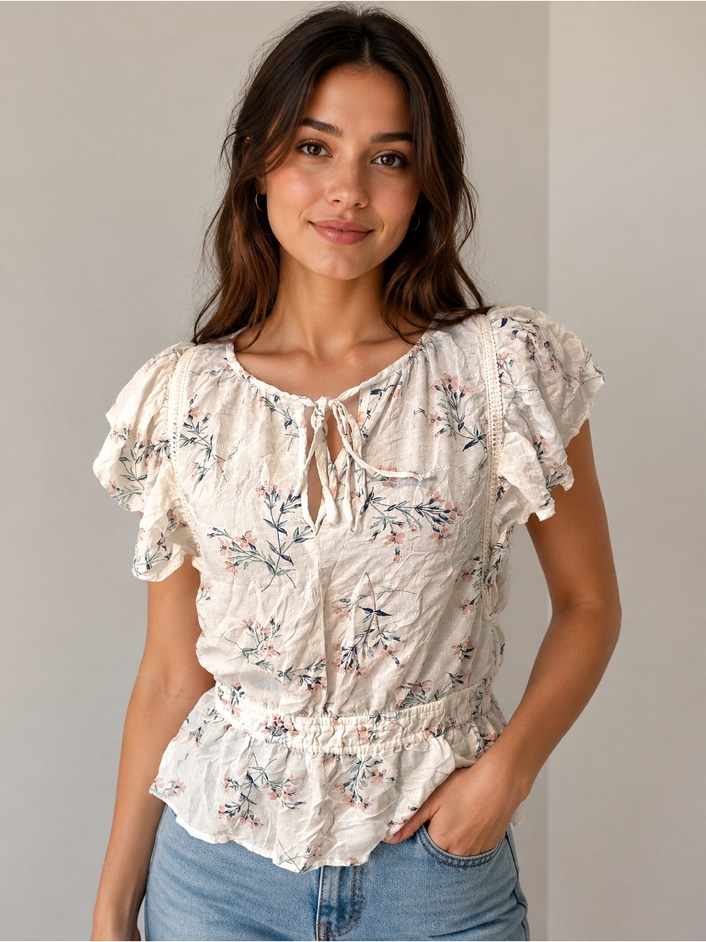 Lucky Brand Cream Floral Tie-Front Smocked Peplum Blouse